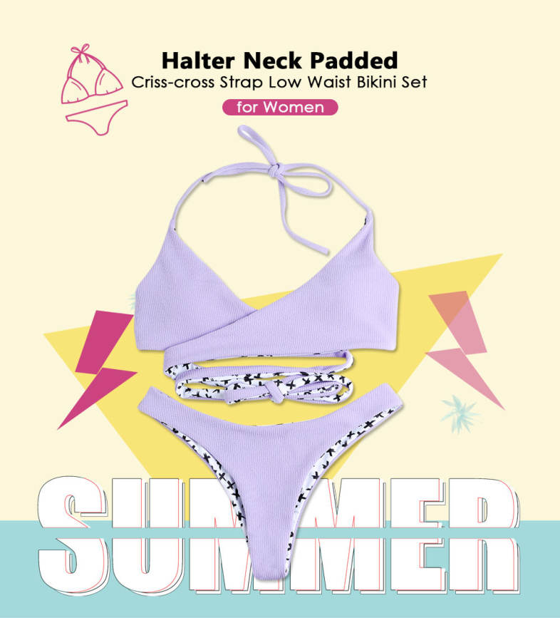 Halter Neck Backless Padded Criss-cross Strap Low Waist Women Bikini Set