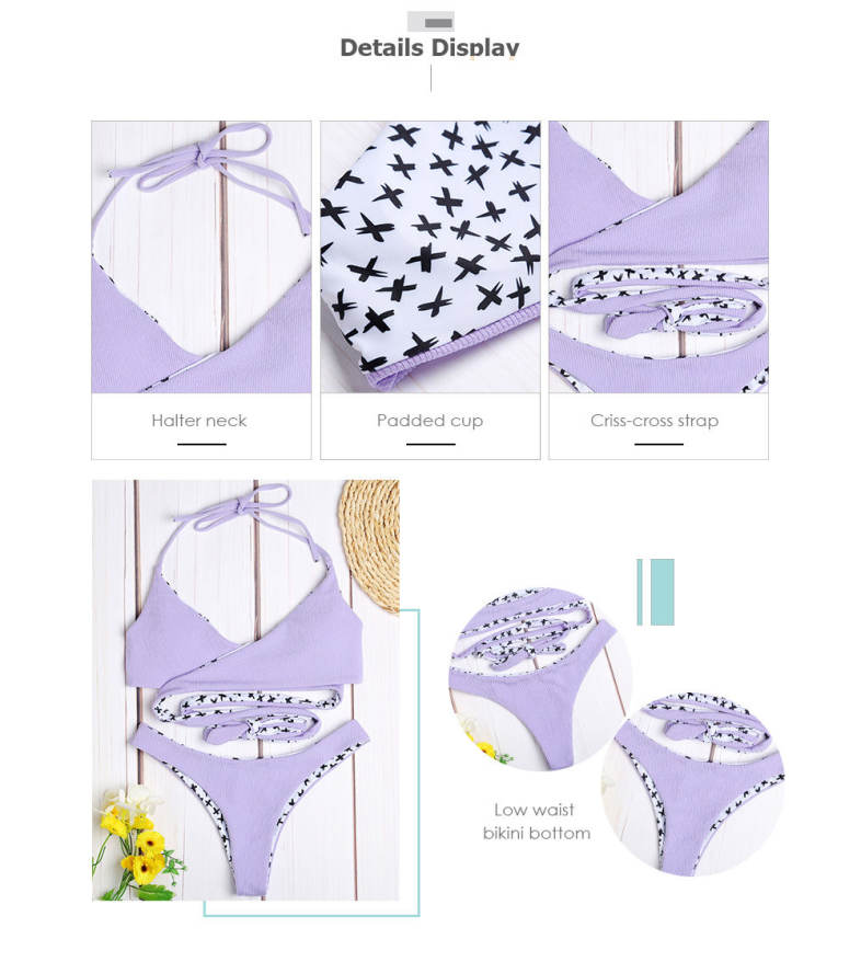 Halter Neck Backless Padded Criss-cross Strap Low Waist Women Bikini Set