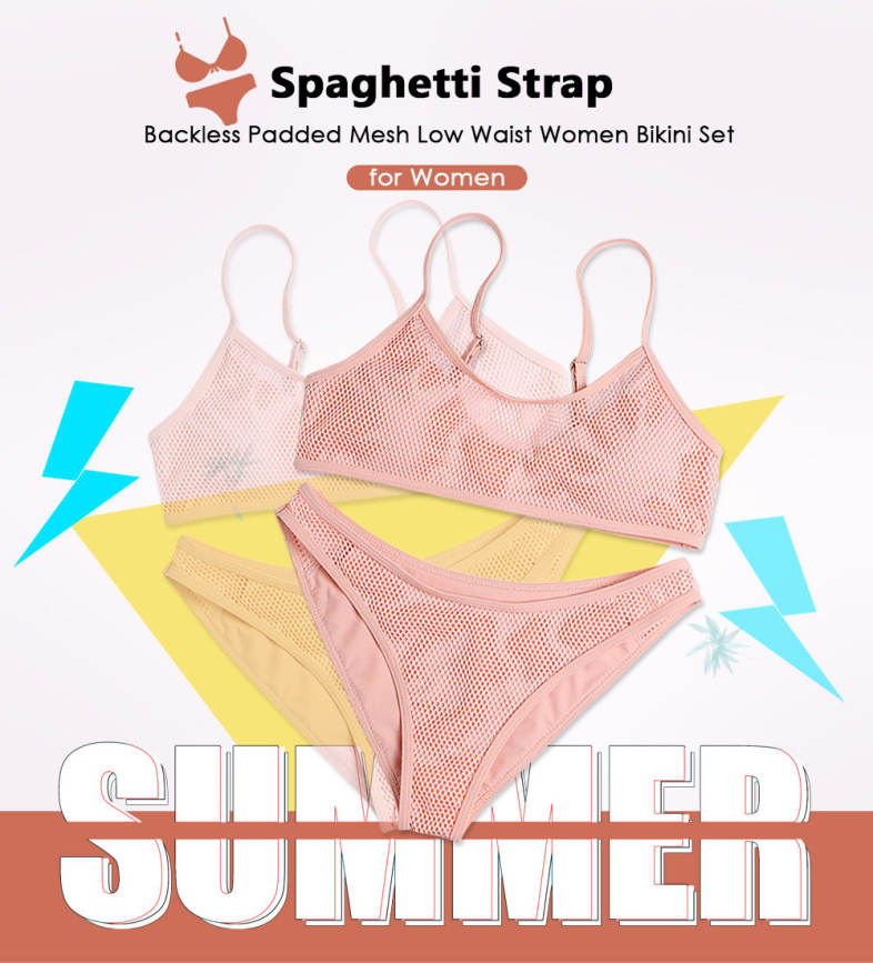 Spaghetti Strap Backless Padded Mesh Low Waist Women Bikini Set