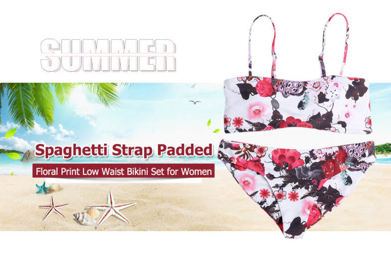 Spaghetti Strap Backless Padded Floral Print Low Waist Women Bikini Set