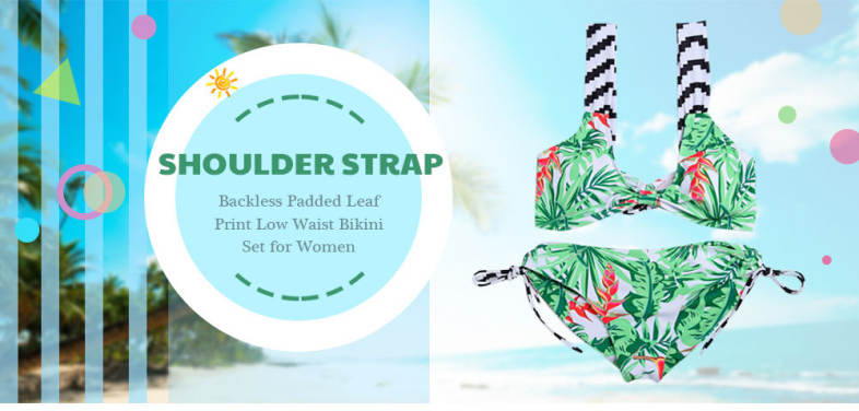 Shoulder Strap Backless Padded Leaf Print Low Waist Two-piece Women Bikini Set