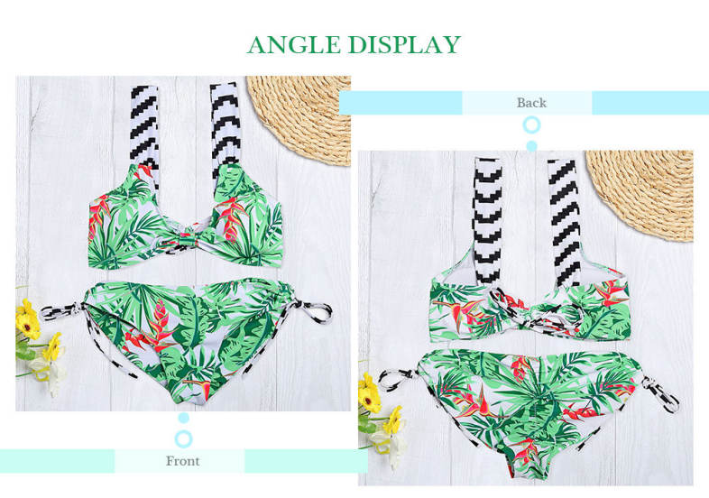 Shoulder Strap Backless Padded Leaf Print Low Waist Two-piece Women Bikini Set