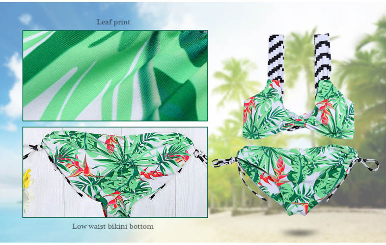 Shoulder Strap Backless Padded Leaf Print Low Waist Two-piece Women Bikini Set