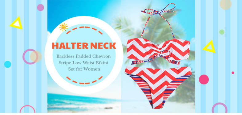 Halter Neck Backless Padded Chevron Stripe Low Waist Women Bikini Set