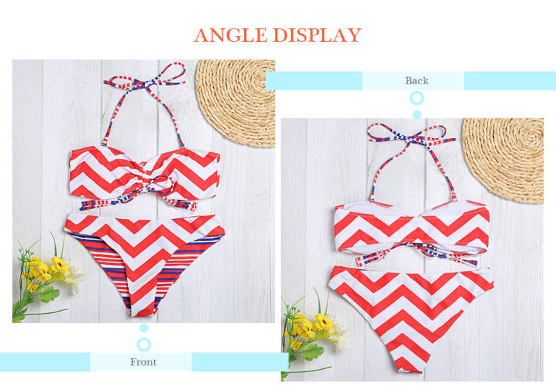 Halter Neck Backless Padded Chevron Stripe Low Waist Women Bikini Set