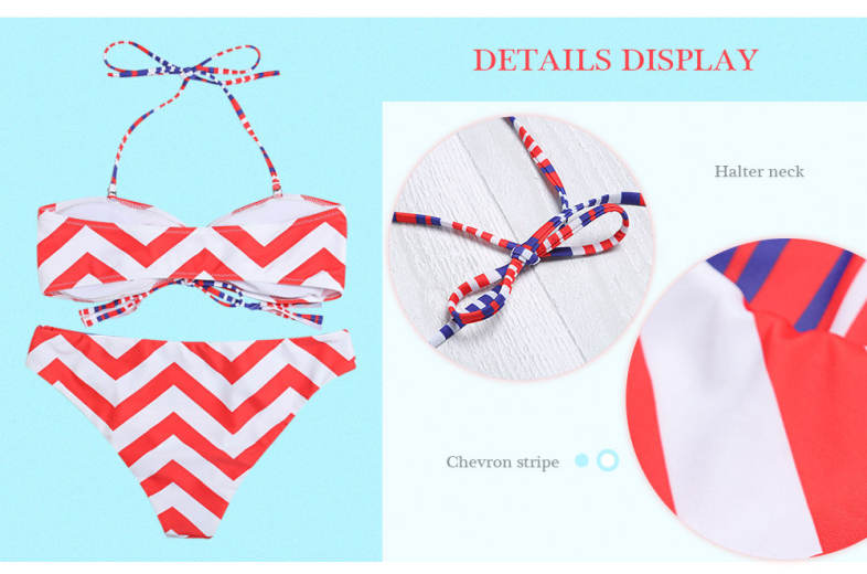 Halter Neck Backless Padded Chevron Stripe Low Waist Women Bikini Set