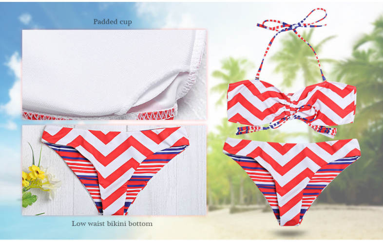 Halter Neck Backless Padded Chevron Stripe Low Waist Women Bikini Set