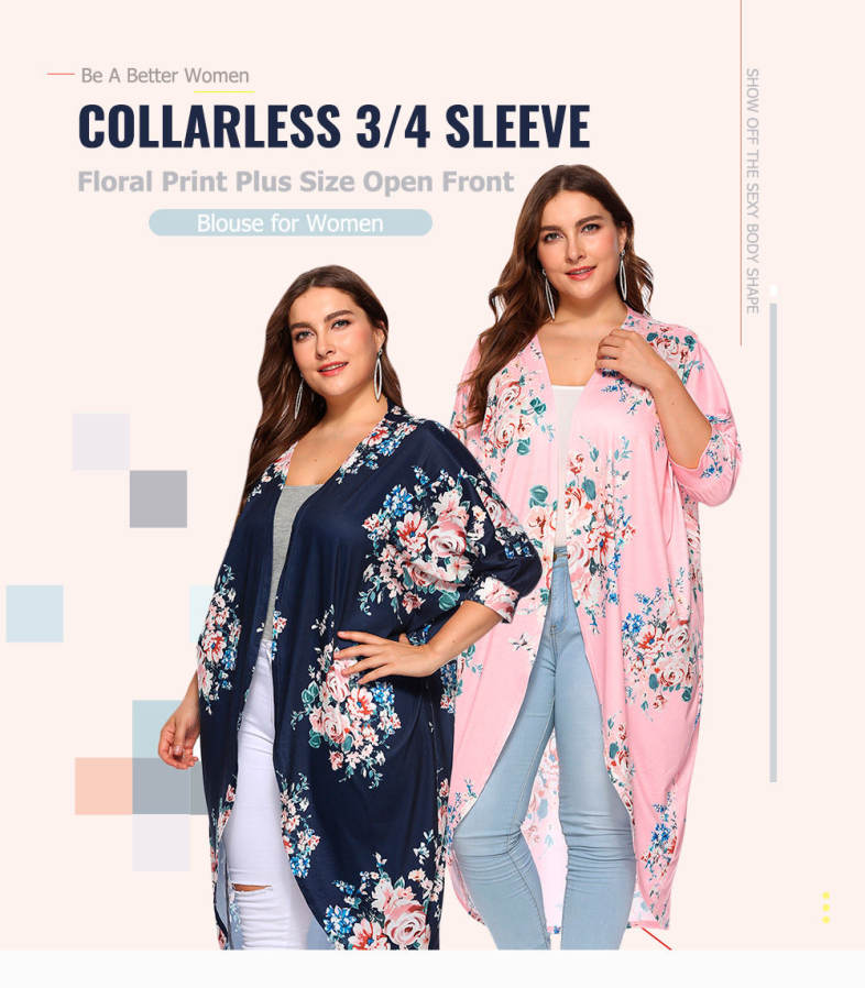 Collarless 3/4 Sleeve Floral Print Plus Size Kimono Women Open Front Blouse