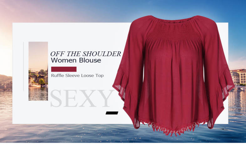 Sexy Off The Shoulder Top Women Blouse Ruffle Sleeve Solid Color Casual Loose T-shirt