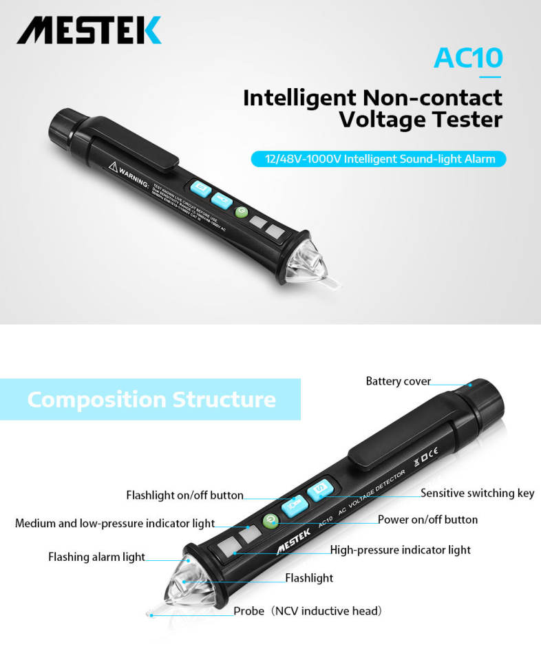 MESTEK AC10 Intelligent Non-contact Voltage Tester Electroscope Detector Indicator 
