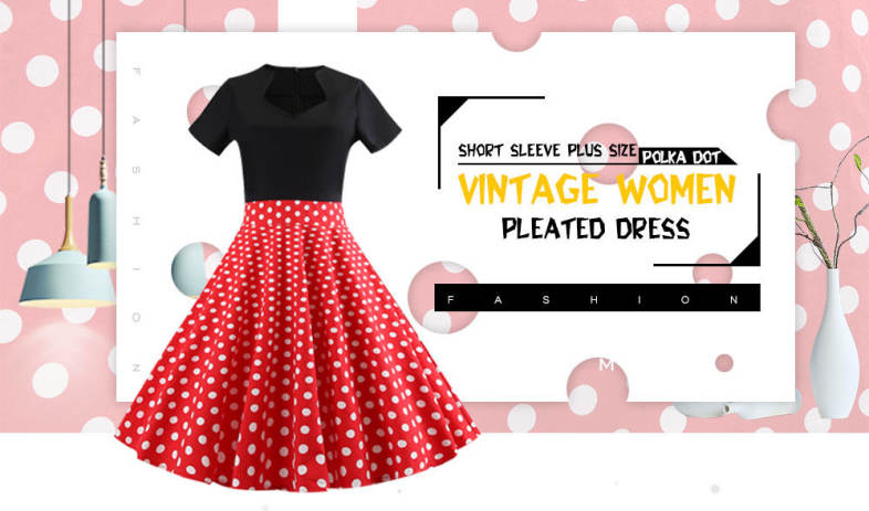 Short Sleeve Plus Size Polka Dot Vintage Women Pleated Dress