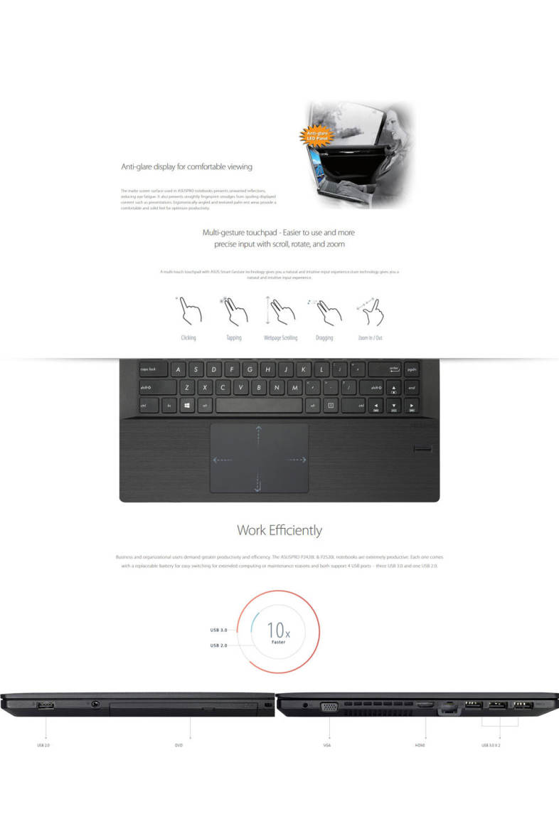 ASUS P2440UQ7500 Notebook 14.0 inch Windows 10 Pro Intel i7-7500U Dual Core 2.7GHz 4GB RAM 1TB HDD Fingerprint Recognition HDMI Front Camera Bluetooth 4.1