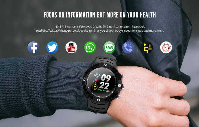 NO.1 F18 Smartwatch Sports Bluetooth 4.2 IP68 Waterproof Call / Message Reminder Pedometer Sleep Monitoring