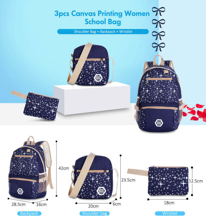 Guapabien 3pcs Canvas Printing Women Shoulder School Bag Cute Bear Backpack Wristlet