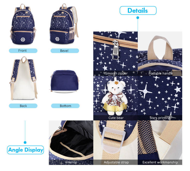 Guapabien 3pcs Canvas Printing Women Shoulder School Bag Cute Bear Backpack Wristlet