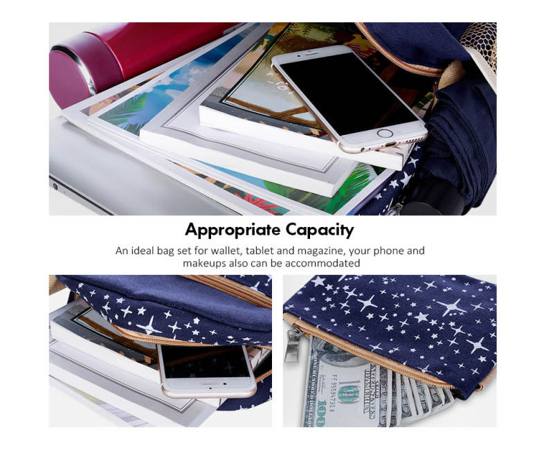 Guapabien 3pcs Canvas Printing Women Shoulder School Bag Cute Bear Backpack Wristlet