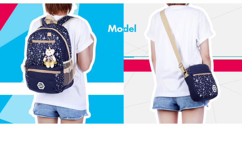 Guapabien 3pcs Canvas Printing Women Shoulder School Bag Cute Bear Backpack Wristlet