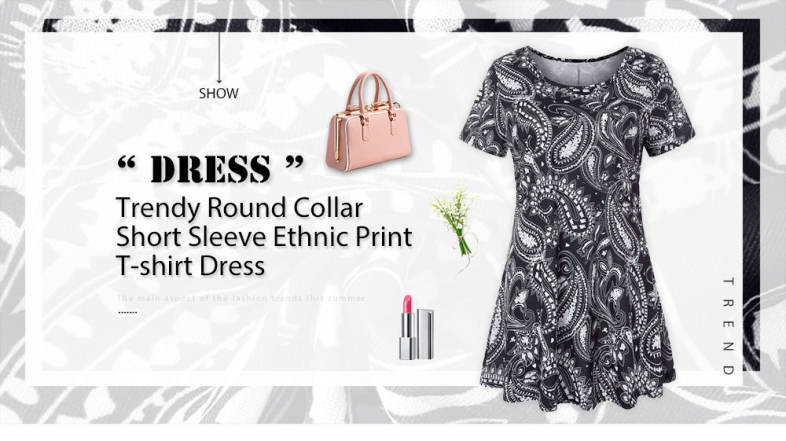Trendy Round Collar Short Sleeve Ethnic Print Women T-shirt Dress