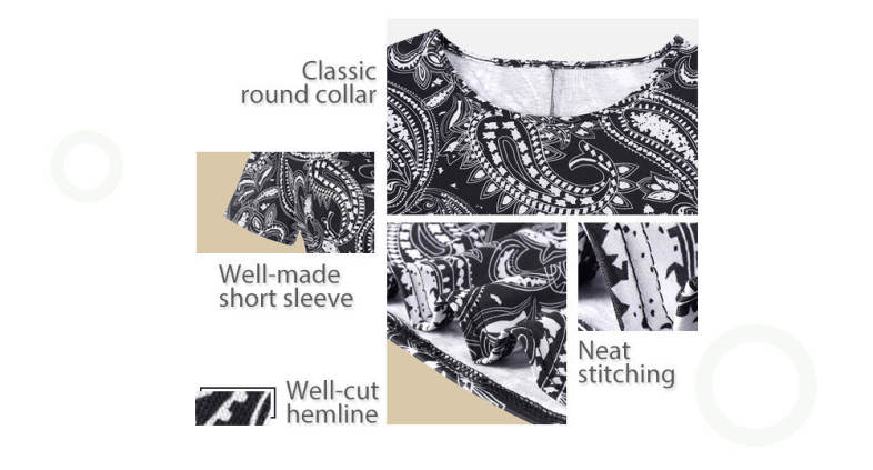 Trendy Round Collar Short Sleeve Ethnic Print Women T-shirt Dress