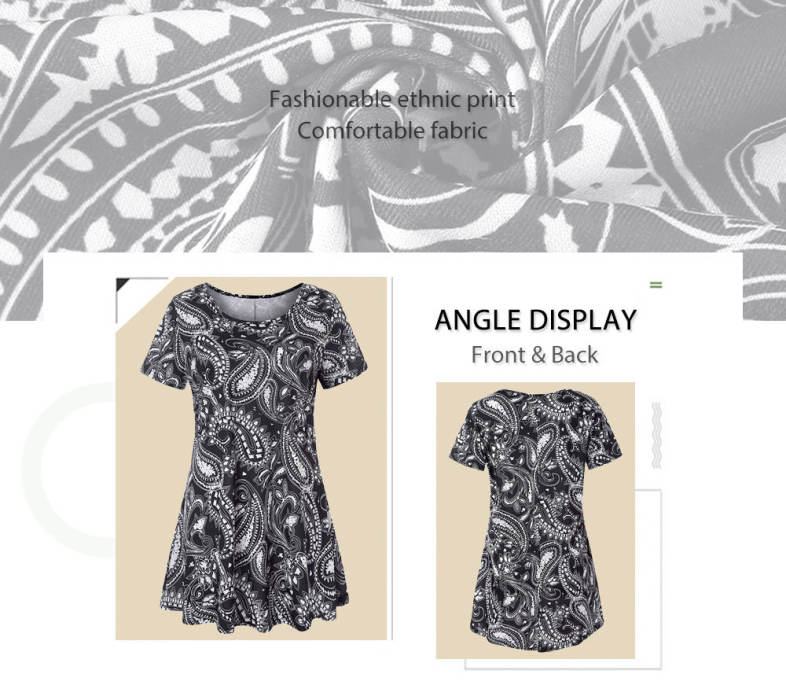 Trendy Round Collar Short Sleeve Ethnic Print Women T-shirt Dress