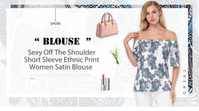 Sexy Off The Shoulder Short Sleeve Ethnic Print Women Satin Blouse