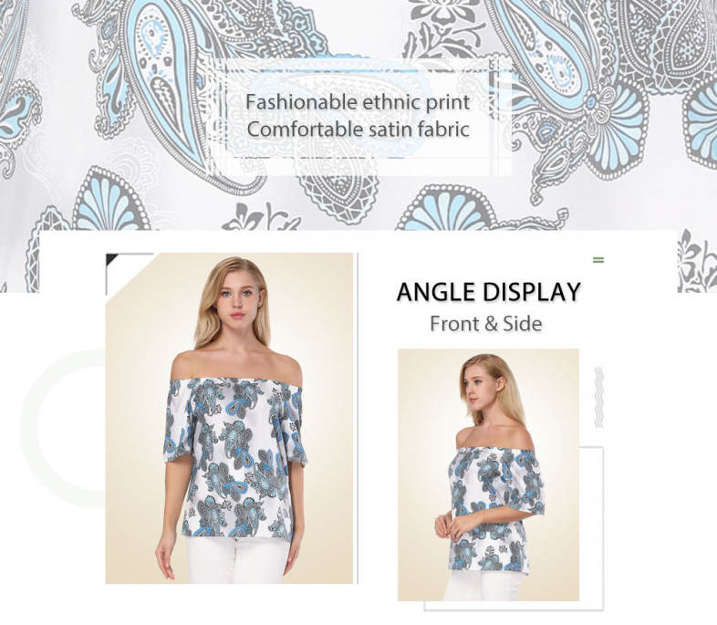 Sexy Off The Shoulder Short Sleeve Ethnic Print Women Satin Blouse
