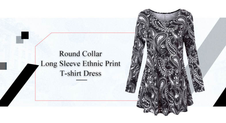 Trendy Round Collar Long Sleeve Ethnic Print Women T-shirt Dress