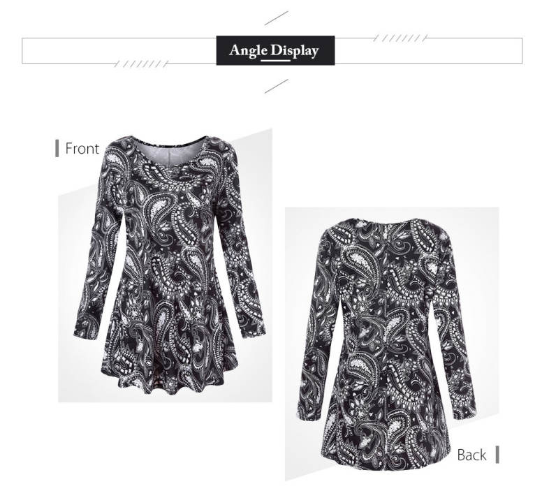Trendy Round Collar Long Sleeve Ethnic Print Women T-shirt Dress