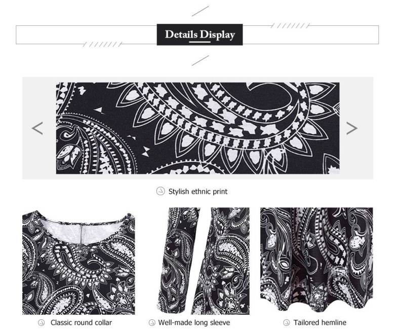 Trendy Round Collar Long Sleeve Ethnic Print Women T-shirt Dress