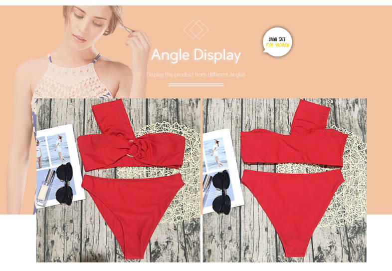 One Shoulder Padded Solid Color High Waist Women Bikini Set