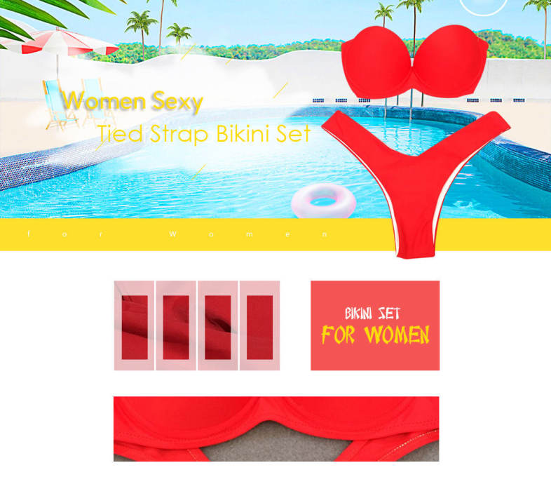 Women Sexy Tied Strap Lady Swimsuit Low Waist Two-piece Bikini Set