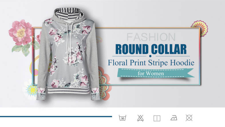 Hooded Long Sleeve Floral Print Stripe Women Hoodie