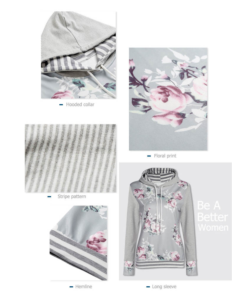 Hooded Long Sleeve Floral Print Stripe Women Hoodie