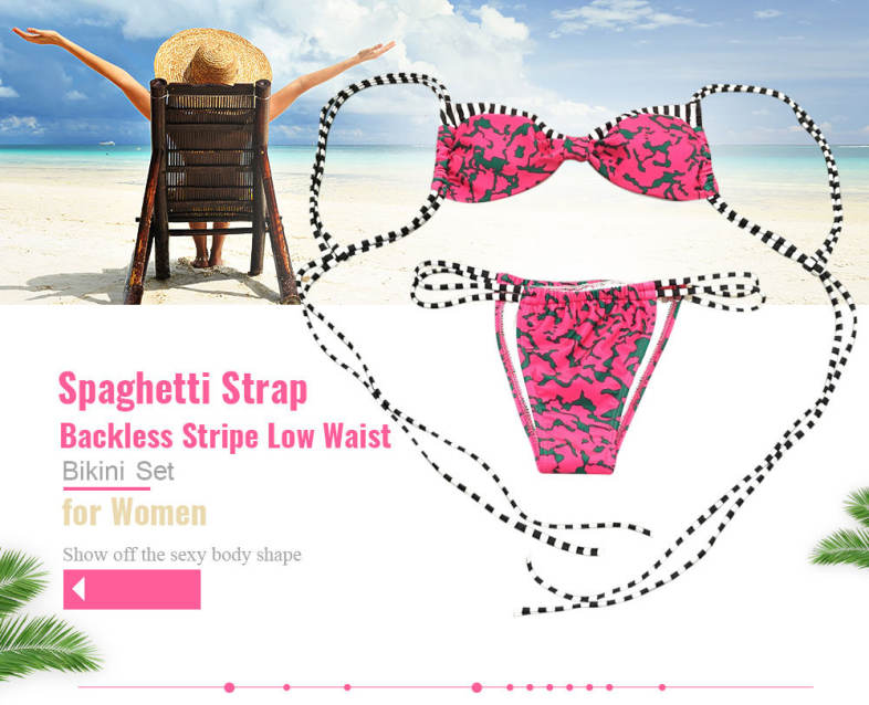 Spaghetti Strap Backless Padded Stripe Print Low Waist Women Bikini Set