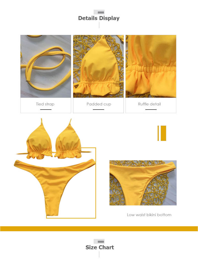 Halter Neck Backless Tied Strap Ruffle Solid Color Low Waist Women Bikini Set