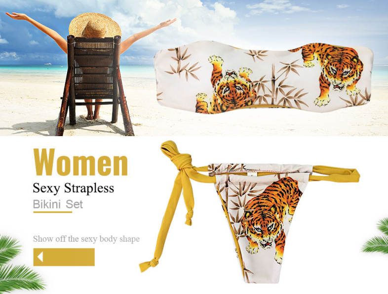 Women Sexy Strapless Animal Print Swimsuit with Tied Strap Bottom Bikini Set