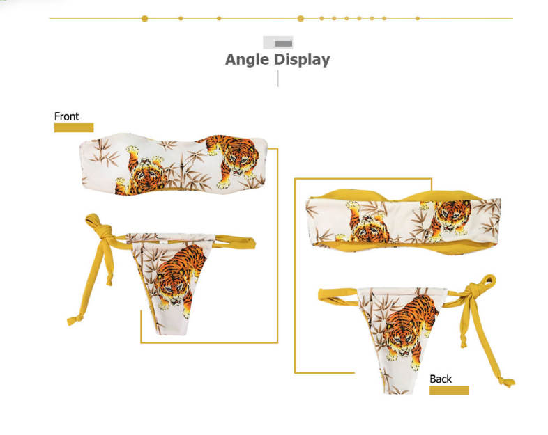 Women Sexy Strapless Animal Print Swimsuit with Tied Strap Bottom Bikini Set