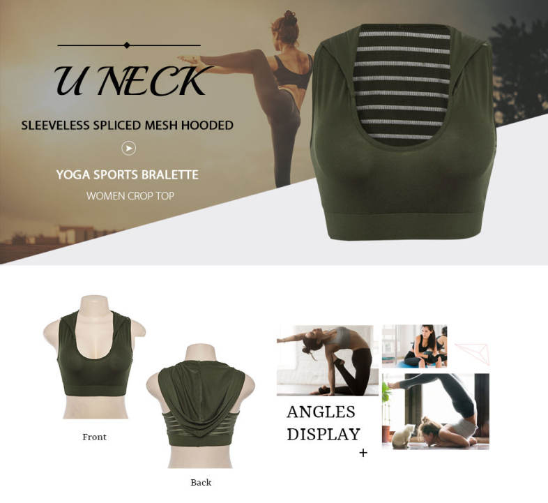 U Neck Sleeveless Spliced Mesh Hooded Yoga Sports Bralette Women Crop Top