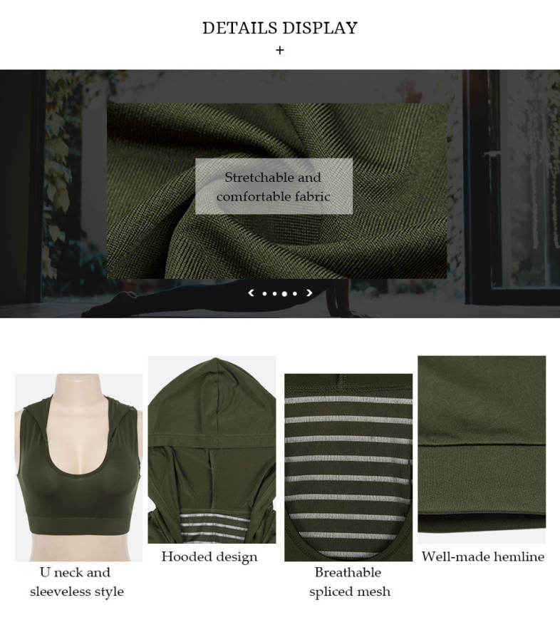U Neck Sleeveless Spliced Mesh Hooded Yoga Sports Bralette Women Crop Top