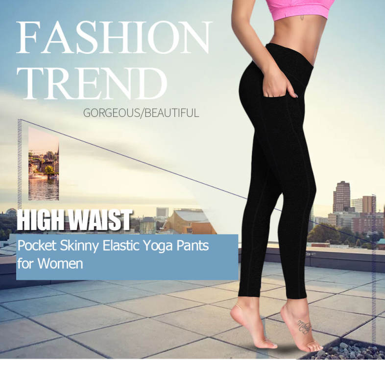 High Waist Pocket Skinny Elastic Solid Color Women Yoga Pants 