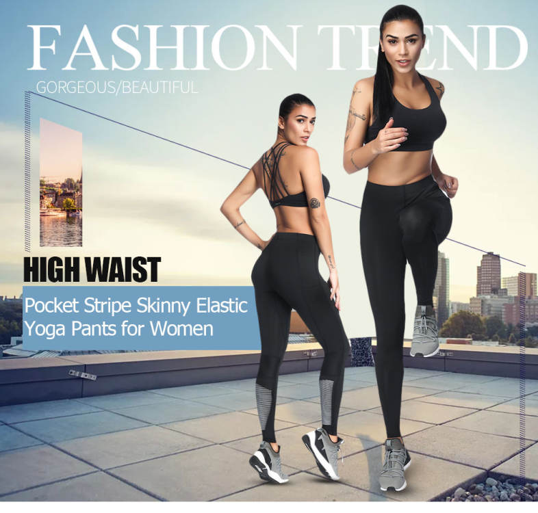 High Waist Pocket Stripe Skinny Elastic Women Yoga Pants