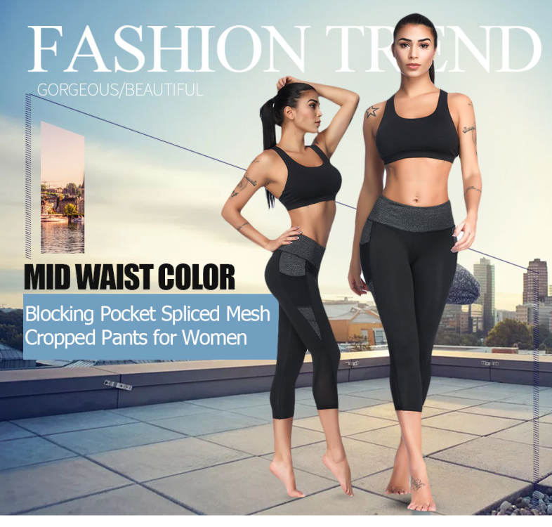 Mid Waist Color Blocking Pocket Spliced Mesh Elastic Skinny Women Cropped Pants