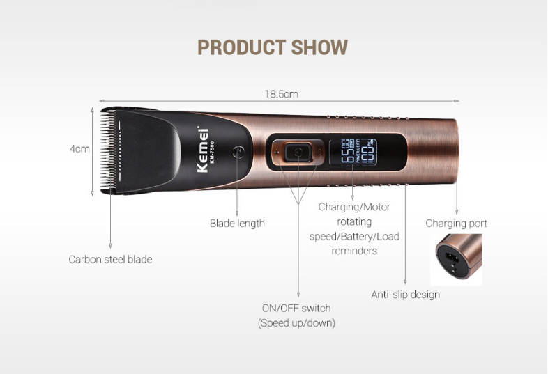 Kemei KM - 7500 Electric Hair Clipper Rechargeable LCD Cordless Adjustable Trimmer Kit