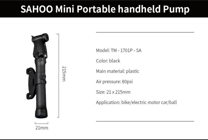 SAHOO TM - 1701P - SA Mini Bicycle Tire Pump for Bike / Ball / Inflatable Toy 
