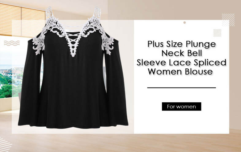 Plus Size Plunge Neck Bell Sleeve Cold Shoulder Lace Spliced Women Blouse