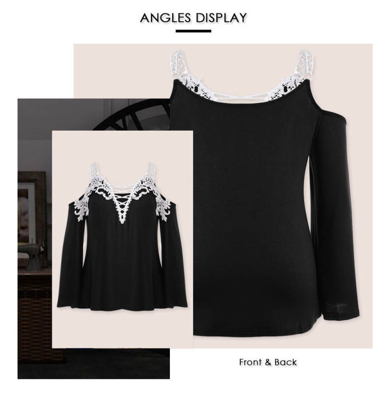 Plus Size Plunge Neck Bell Sleeve Cold Shoulder Lace Spliced Women Blouse