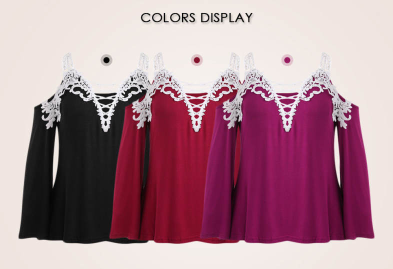 Plus Size Plunge Neck Bell Sleeve Cold Shoulder Lace Spliced Women Blouse