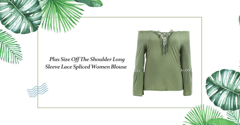 Plus Size Off The Shoulder Long Sleeve Solid Color Lace Spliced Women Blouse