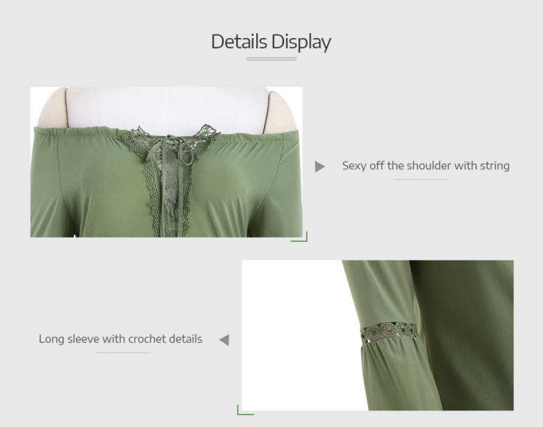 Plus Size Off The Shoulder Long Sleeve Solid Color Lace Spliced Women Blouse