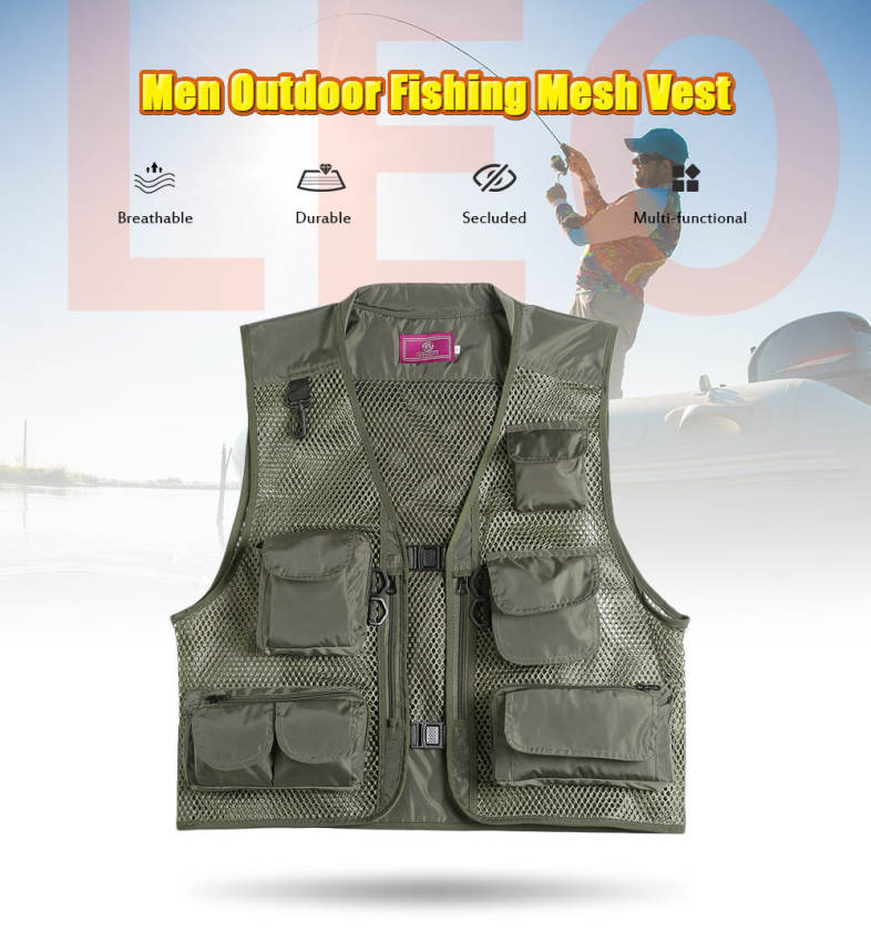LEO 27913 - GR Outdoor Fishing Hunting Mesh Vest with Multiple Pockets